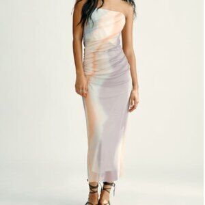 STRAPLESS PRINTED TULLE DRESS